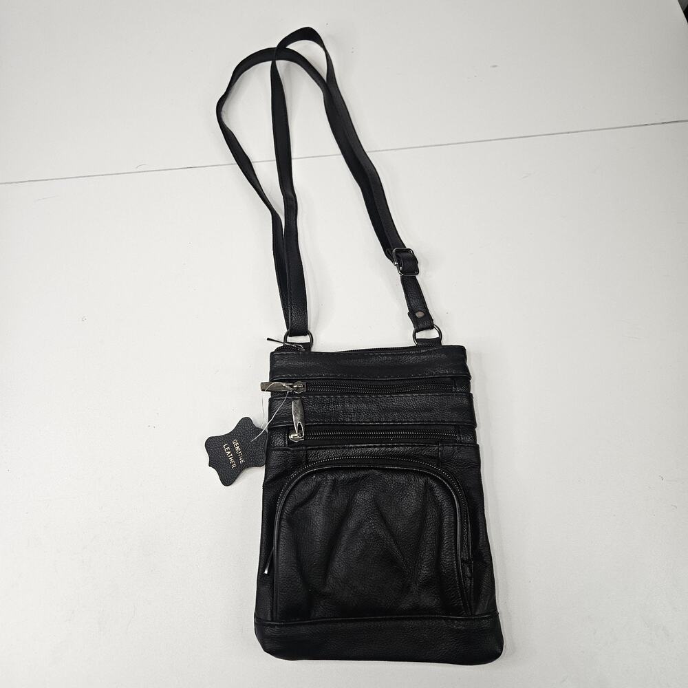 Vtg Genuine Leather Small Crossbody Multi-Compartment Organizer Bag Black 8x6"